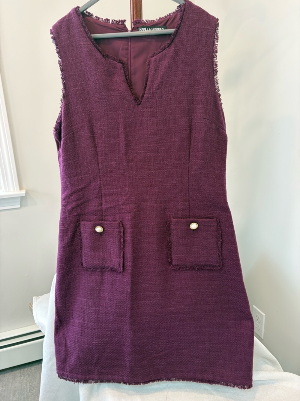Karl Lagerfeld Plum Sleeveless Tweed Shift Dress with Pocket Buttons